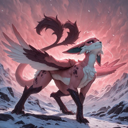 feathered_wings feathers female feral fluffy forked_tail mountains neck_tuft outside scuted_legs scutes snow solo standing tuft unusual_anatomy unusual_tail wings nonimousmate nintendo pokemon eeveelution espeon generation_2_pokemon hybrid pokemon_(species) hi_res