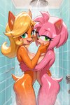 animal_ears animal_nose anthro bangs bathing bathroom blonde_hair blush bodily_fluids body_fur breast_squeeze breast_squish breasts butt completely_nude duo embrace female female/female fur green_eyes hair hug large_breasts looking_at_viewer makeup medium_breasts naughty_face nipples nude partially_submerged pink_body pink_fur pink_hair ponytail red_hairband shower shower_head showering smile squish standing sweat tail tile tile_wall tongue tongue_out wall_(structure) water wet tricksterfox activision crash_bandicoot_(series) sonic_the_hedgehog_(series) amy_rose coco_bandicoot amy_(disambiguation) hi_res