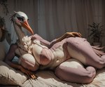 anthro beak bed blush bra breasts clothed clothing curtains eyelashes female furniture inside long_neck lying on_bed on_side panties pillow pony_diffusion_(model) side_view solo thick_thighs underwear underwear_only director_aislopper avian bird stork hi_res portrait three-quarter_portrait