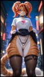 <3 <3_eyes bodily_fluids bottomwear clothed clothing clothing_lift collar collar_tag female fur genital_fluids green_eyes hair heart_collar_tag legwear looking_at_viewer low-angle_view mouth_closed multicolored_body multicolored_fur night orange_body orange_fur orange_hair outside panties pussy_juice shirt skirt skirt_lift solo spiked_collar spikes standing striped_body striped_fur stripes text thigh_highs topwear underwear white_body white_fur ayo_keito felid feline mammal absurd_res hi_res