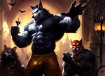 5_fingers abs anthro bulge canid canine canis clothed clothing detailed_background detailed_bulge fingers group halloween humor luchador male male/male mammal muscular muscular_anthro muscular_male pecs pose tesseract_(director) topless topless_male trio wolf wrestler