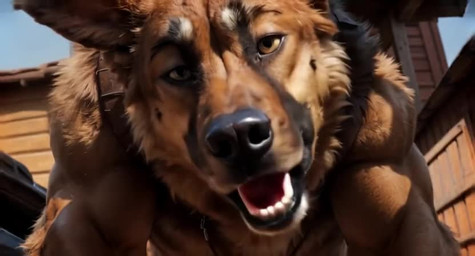 anthro crooked_ear dialogue feral first_person_view fur grin grinning_at_viewer harness hunched_over junkyard laughing ltxv male multicolored_body multicolored_fur muscular muscular_male semi-anthro smile solo suggestive talking_to_viewer yellow_eyes wolfrogers canid canine canis domestic_dog mammal animated short_playtime sound webm