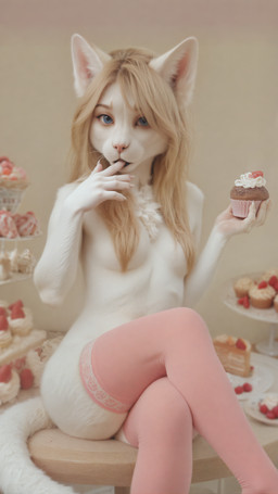 animal_ear_fluff animal_ears anthro biped blonde_hair blue_eyes breasts butt cake chest_tuft claws clothed clothing collarbone convenient_censorship crossed_legs dessert eating female fingers fluffy food fruit fur furniture hair hair_covering_breasts hair_over_one_eye legwear licking long_hair looking_at_viewer nude pastry photorealism plant realistic realistic_fur realistic_lighting sitting sitting_on_table small_breasts snout solo stockings strawberry table tail thigh_highs tongue tongue_out tuft white_body white_fur frrlvr domestic_cat felid feline felis mammal 9:16 absurd_res hi_res