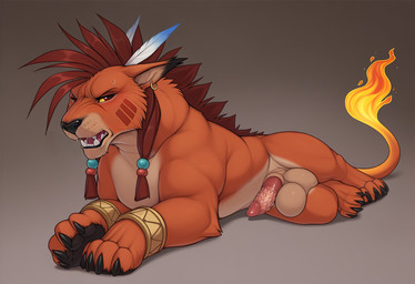 balls cleaning erection feral fire fur genitals half-closed licking male narrowed pawpads paws penile penile_spines penis pivoted presenting solo spines spreading tail teeth tongue tongue_out viewer dogfucker red_xiii canid canine felid feline lion mammal pantherine