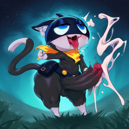 anthro balls bandanna belt big_balls big_butt big_penis black_body black_fur blue_eyes bodily_fluids butt clothing cum cumshot dipstick_tail drooling ejaculation erection eye_roll fangs fur genital_fluids genitals grass huge_penis humanoid_genitalia humanoid_penis kerchief looking_pleasured male markings masturbation open_mouth orgasm orgasm_face penile penis plant saliva solo standing tail_markings teapot_(body_type) teeth thick_thighs tongue tongue_out vein veiny_penis white_body white_fur wide_hips hellsonger atlus megami_tensei morgana_(persona) domestic_cat felid feline felis mammal