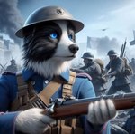 anthro army battle black_body black_fur blue_eyes clothing fur gun hat headgear headwear male military military_uniform ranged_weapon solo uniform weapon white_body white_fur dylan03 gustave_(dylan03) border_collie canid canine canis collie domestic_dog herding_dog humanoid mammal pastoral_dog sheepdog