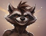 ambiguous_gender anthro ear_piercing ear_ring fangs fluffy_body grinning_at_viewer hair looking_at_viewer orange_eyes piercing pupils ring_piercing slit_pupils solo spiky_hair teeth_showing medlem rocket_raccoon mammal procyonid raccoon hi_res