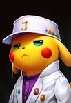 clothing expressionless feral half-closed_eyes hat headgear headwear male narrowed_eyes shirt solo topwear windbreaker nintendo pokemon generation_1_pokemon pikachu pokemon_(species) hi_res portrait