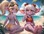 anthro beach bikini blonde_hair blush butt clothing duo eyewear eyewear_on_head feet female foot_fetish foot_focus goggles goggles_on_head hair league_of_legends looking_at_viewer not_furry purple_eyes seaside swimwear white_hair yellow_eyes mr.kitsune poppy_(lol) tristana_(lol) humanoid yordle