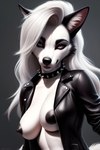 anthro black_nipples black_nose breasts canid canid_demon choker clothing demon eyebrows female hair hellhound hi_res inner_ear_fluff jacket jewelry leather leather_clothing leather_jacket leather_topwear looking_at_viewer loona_(helluva_boss) mammal necklace nipples sagging_breasts simple_background smile solo stable_diffusion topwear tuft white_hair