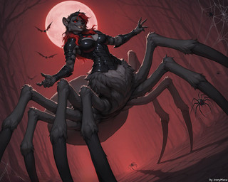 action_pose anthro armor bat_wings big_breasts black_body black_hair breasts clothing dutch_angle female forest fur hair long_hair membrane_(anatomy) membranous_wings moon multi_eye multi_limb multicolored_hair plant pose red_eyes red_hair smile solo spider_web tree wings ivorymane ambient_arthropod ambient_bat ambient_insect arachnid arthropod canid canine canis hybrid insect mammal spider taur wolf watermark