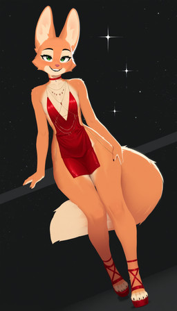 4_toes ankle_strap_heels big_ears black_lips breasts choker claws cleavage clothed clothing cosmic_background dipstick_tail dress eyebrows feet female footwear fur gold_(metal) gold_jewelry green_eyes high_heels inner_ear_fluff jewelry leaning_on_railing lips looking_at_viewer markings necklace no_underwear orange_body orange_fur red_choker red_clothing red_dress red_jewelry red_necklace skimpy small_breasts smile solo starry_background tail tail_markings toe_claws toeless_footwear toeless_heels toes tuft wide_hips unknown_director the_bad_guys diane_foxington canid canine fox mammal absurd_res hi_res