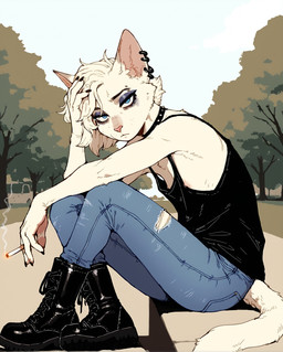 androgynous anthro baggy_clothing boots bottomwear choker cigarette clothing crossed_legs denim denim_clothing ear_piercing expressionless eyebrow_piercing eyeliner eyeshadow facial_piercing footwear fur fuzzy hair hand_on_head holding_head inner_ear_fluff jeans jewelry leather leather_boots leather_clothing leather_footwear long_tail looking_at_viewer makeup male necklace nipple_slip nipples outside pants park piercing plant prompt public punk shirt short_hair sitting smoke solo tail tank_top tired tired_expression tired_eyes topwear torn_bottomwear torn_clothing torn_jeans torn_pants tree tuft white_body white_fur shotgun_(director) domestic_cat felid feline felis mammal hi_res prompt_metainfo