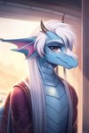 anthro black_horn blue_body blue_scales clothed clothing dragon hair horn lariel long_hair looking_at_viewer male membranous_ears open_clothing open_robe pink_inner_ear purple_eyes robe scales solo standing_in_doorway white_hair