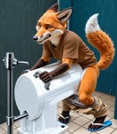 anthro bathroom blue_eyes bodily_fluids bottomwear bottomwear_down breeding_mount breeding_stand brown_body brown_fur clenched_teeth clothed clothing cum cum_inside ears_back ears_down filth flip_flops floor footwear fur genital_fluids gloves_(marking) humping knock-kneed leaning leaning_forward leg_markings looking_pleasured male markings orange_body orange_fur orgasm orgasm_face pants pants_around_ankles pants_down partially_clothed penetrable_sex_toy pivoted_ears public public_breeding_mount public_masturbation public_restroom raised_tail restroom_stall sandals sex_toy shirt shorts socks_(marking) solo teeth thrusting tile tile_floor topwear underwear_around_legs whiskers white_body white_fur locksnap canid canine fox mammal red_fox
