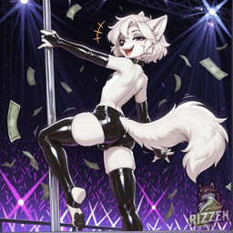 anthro bottomwear bulge clothing collar dancing femboy fluffy fluffy_tail fur glowstick hair hotpants inner_ear_fluff latex_armwear latex_legwear looking_at_viewer looking_back looking_back_at_viewer male nipple_tape pasties pawpads paws pole pole_dancing purple_eyes shorts solo stirrup_stockings strip_club stripper_pole tape tuft white_body white_fur white_hair rizzenwolf_(director) lance_(rizzenwolf) arctic_fox canid canine fox mammal absurd_res director_name hi_res watermark
