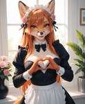 accessory anthro apron breasts clothing female flower flower_in_hair fur hair hair_accessory long_hair looking_at_viewer maid_uniform medium_breasts orange_hair plant smile smiling_at_viewer solo solo_focus uniform magacitl canid canine fox mammal hi_res