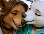 blurred_background brown_body brown_fur choker clothing collar cuddling eyes_closed fangs female fur hoodie jewelry necklace nuzzling realistic smile teeth topwear white_body white_fur wholesome_content nnam_si3 brown_bear mammal polar_bear ursid ursine hi_res