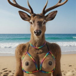 anthro antlers areola beach_background big_breasts black_nose breasts brown_body brown_eyes brown_fur clothing cupless_bra dark_areola dark_nipples exposed_breasts female female_anthro fluffy fluffy_fur fur horn ineffective_clothing jewelry looking_at_viewer multicolored_clothing necklace neutral_expression outside photorealism realistic realistic_fur sand sea solo water silvicultor cervid mammal hi_res