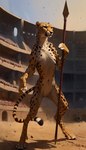 arena dewclaw digitigrade female front_view handpaw holding_object holding_spear holding_weapon melee_weapon nude paws polearm semi-anthro solo spear spots standing weapon degenstoic cheetah felid feline mammal hi_res