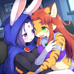 alternate_species anthro big_breasts black_clothing blue_clothing blush bodily_fluids bottomwear breast_squish breasts breasts_frottage brown_stripes cape cheek_tuft cloak clothed clothing countershading cute_fangs duo embrace eye_contact eyebrows facial_tuft fangs female female/female female_anthro fingers fully_clothed fur furniture furrification gem green_eyes hair hood hug inner_ear_fluff inside long_ears long_hair looking_at_another markings midriff monotone_hair multicolored_body multicolored_fur open_mouth open_smile orange_body orange_fur purple_clothing purple_eyes purple_hair red_hair sitting smile sofa squish striped_body striped_fur stripes sweat tan_body teeth topwear tuft white_body white_fur gridanon raven_(dc) starfire_(teen_titans) domestic_cat felid feline felis lagomorph leporid mammal pantherine rabbit digital_media_(artwork) hi_res stable_diffusion