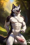 abs anthro athletic athletic_male balls black_nose bodily_fluids brown_body brown_fur canid canine canis chest_tuft crotch_tuft cum domestic_dog eyebrows fingers forest forest_background fur genital_fluids genitals grass hi_res husky kneeling laddarman101 looking_pleasured male mammal multicolored_body multicolored_fur nature nature_background navel neck_tuft nipples nordic_sled_dog nose nude nude_male open_mouth orgasm pecs plant solo spitz tree tuft two_tone_body two_tone_fur white_balls white_body white_fur