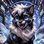 blue_eyes cute_fangs cyberspace feral fluffy hair happy looking_at_viewer male mane mane_hair open_mouth open_smile silver_hair sitting smile solo sparkling_eyes whiskers nightdancer nightdancer_(character) canid canine canis mammal wolf hi_res