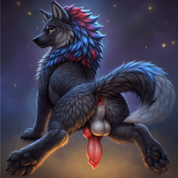 animal_genitalia animal_penis anus balls black_body black_fur black_pawpads butt canine_genitalia canine_penis feral fur genitals looking_at_viewer male multicolored_body multicolored_fur pawpads paws penis presenting presenting_anus presenting_balls presenting_hindquarters presenting_penis solo canid canine mammal