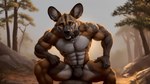 absurd_res anthro bulge bumblebee95 clothed clothing collar detailed_background hi_res hyaenid leaning leaning_forward looking_at_viewer male mammal muscular realistic sitting solo underwear underwear_only wallpaper