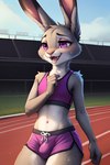 anthro blush bodily_fluids bottomwear bra bulge clothed clothing crossdressing crossgender exhausted eyeshadow faelen ftm_crossgender fur girly grey_body grey_fur gym_bottomwear gym_clothing gym_shorts happy hi_res judy_hopps lagomorph leporid long_ears makeup male mammal outdoors pink_clothing pink_eyeshadow public purple_eyes rabbit running shorts smile solo sport sports_bra sportswear sweat tired underwear white_body white_fur zootopia