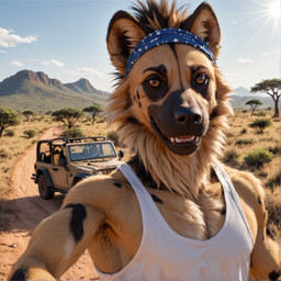 africa anthro armpit_showing athletic athletic_anthro athletic_male biceps cheek_tuft clothing facial_tuft hair inner_ear_fluff jeep looking_at_viewer male mane mane_hair natural_lighting nature nature_background savanna selfie shirt solo sunny tank_top teeth teeth_showing topwear tuft floofywoofy african_wild_dog canid canine mammal invalid_tag