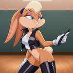 anthro boots bottomless clothed clothing cotton_tail crop_top female floppy_ears footwear gloves handwear leather leather_clothing leggings legwear midriff navel shirt solo topwear victor_vivra lola_bunny