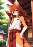 anthro asian_clothing blue_eyes blush bottomwear bow_ribbon brown_hair building canid canine chilon249 clothed clothing countershading day detailed_background dipstick_ears east_asian_clothing female female_anthro fingers flat_chested fox fur gloves_(marking) hair hand_on_hip hi_res inner_ear_fluff japanese_clothing kemono long_hair looking_at_viewer mammal markings miko_outfit multicolored_body multicolored_ears orange_body orange_fur outside plant portrait red_bottomwear red_clothing sky smile solo standing three-quarter_portrait tree tuft two_tone_body white_body white_fur