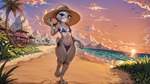 1080p anthro beach bikini bikini_top camel_toe clothing cloud disney eyeshadow female grass looking_at_viewer makeup mountains narrowed_eyes one_leg_up panties plant raised_leg seaside smile solo solo_focus standing sun_hat sunset swimwear tree umbrella underwear walking walking_towards_viewer water nameynamename zootopia lagomorph leporid mammal rabbit hi_res