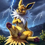 anatomically_correct anatomically_correct_genitalia animal_genitalia animal_pussy anus canid canine canine_genitalia canine_pussy detailed detailed_background detailed_fur director_firewolf eeveelution female feral flower fur furryrock_(model) generation_1_pokemon genitals grass hi_res jolteon lightning mammal pawpads paws plant pokemon_(species) pussy solo storm_clouds thunderstorm tree