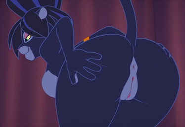 anthro anus bent_over big_breasts big_butt black_body black_fur black_hair breasts butt butt_focus female fur genitals hair hand_on_butt huge_butt nude pussy raised_tail rear_view smile solo spread_butt spreading furryainudes el_arca panthy felid mammal pantherine