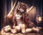 anonymous_director anthro breasts canid canine canis clothed clothing female genitals inside jewelry lamp looking_at_viewer mammal partially_clothed pussy sitting small_breasts solo wolf