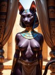 anthro blue_eyes breasts domestic_cat egyptian felid feline felis female hairless hairless_cat hi_res jewelry looking_at_viewer mammal marcus64 navel nipples purple_body solo sphynx_(cat) standing