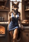 absurd_res anthro apron apron_only blue_eyes breasts brown_body brown_fur canid canine clothed clothing female front_view fur genitals hi_res kitchen looking_at_viewer mammal mostly_nude neck_tuft nipples portrait pussy solo standing three-quarter_portrait tuft wolf552906