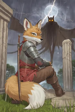 anthro armor boots bottomwear cloak clothed clothing cloud cloudy_sky duo electricity electricity_manipulation elemental_manipulation floating footwear forest full_moon fur glowing glowing_eyes holding_object holding_weapon kneeling kneeling_on_ground leather leather_boots leather_bottomwear leather_clothing leather_footwear leather_pants light looking_at_viewer looking_back looking_back_at_viewer male melee_weapon moon night orange_body outside pants plant raining ruins sky sword sword_on_back topwear tree tunic water weapon yellow_eyes anonymous_director canid canine canis fox mammal animated lighting short_playtime webm