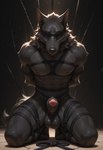 animal_genitalia anthro balls bdsm blindfold bondage bound claws dark_background dark_body fur genitals grey_body grey_fur hands_behind_back kneeling male nipples nude penis penis_tip restraints rope rope_bondage saggy_balls sheath simple_background solo solo_focus submissive submissive_anthro submissive_male gray_wlf canid canine canis mammal wolf hi_res