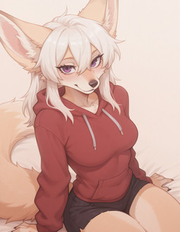 5_fingers anthro big_ears black_nose blush bottomwear breasts brown_body brown_fur cheek_tuft chest_tuft claws clothed clothing dipstick_tail facial_tuft female fingers fur hair high-angle_view hood hoodie inner_ear_fluff long_ears long_hair long_tail looking_at_viewer markings medium_breasts purple_eyes shorts side_view simple_background sitting smile solo tail_markings topwear tuft white_body white_fur white_hair foxgirlai canid canine fennec fox mammal hi_res