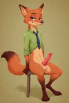 anthro balls bite biting_lip blush canine_genitalia disney erection fur furniture genitals green_eyes knot looking_at_viewer looking_back male nude presenting raised_tail simple_background sitting smile smiling_at_viewer smug smug_face solo stool zootopia angry_puppy nick_wilde canid canine fox mammal hi_res