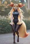 anthro asian_clothing black_body black_fur blonde_hair chinese_clothing chinese_dress clothed clothing digitigrade dress east_asian_clothing female flower fur hair long_hair looking_at_viewer path plant red_eyes smile solo tree walking yellow_body yellow_fur director_crashbandit braixen generation_6_pokemon pokemon_(species) hi_res novelai