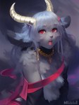 absol ahegao anthro arm_wraps attempted_signature black_body black_fur breasts cleavage clothed clothing female fluffy fur generation_3_pokemon grey_body grey_fur grey_hair hair horn jewelry kemono kittehlazer_(director) looking_pleasured open_mouth pokemon_(species) red_sclera ribbon solo wraps