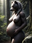 anthro areola athletic braided_hair breasts female forest forest_background fur gosuperducksai grey_body grey_fur hair looking_down mammal nature nature_background nipples nude plant pregnant round_ears solo tree ursid ursine