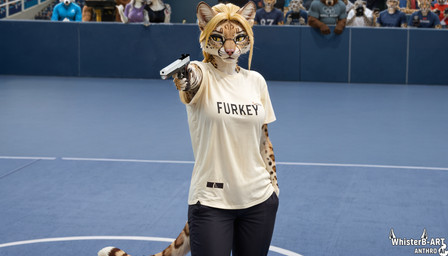 anthro blonde_hair bottomwear braided_hair clothing ellisa female gun hair handgun long_hair pants pistol ranged_weapon shirt shooting solo stadium t-shirt tennishade topwear weapon yellow_eyes whisterb-art felid feline leopardus mammal ocelot hi_res