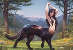 black_hair cosmic_fur digitigrade female forest hair long_hair looking_at_viewer mountains nude plant raised_arms smile solo tasteful_nudity tree walking director_crashbandit animal_humanoid domestic_ferret humanoid humanoid_taur mammal mammal_humanoid mammal_taur mustela mustelid mustelid_taur musteline taur true_musteline novelai