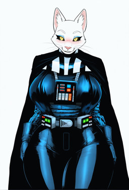 animal_ears anthro armor belt blush breastplate cape clothing curvy_figure female fur gloves handwear looking_down pink_nose simple_background sith sith_eyes snout solo suit voluptuous whiskers white_background white_body white_fur yellow_eyes kerpollo11 star_wars darth_vader domestic_cat felid feline felis mammal absurd_res hi_res