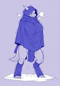 anthro big_breasts bottomwear breasts breath claws clothing cold digitigrade female frown hood leg_warmers legwear loincloth poncho shaking shivering simple_background snow solo tail toony magicraven lizard reptile scalie absurd_res hi_res restricted_palette